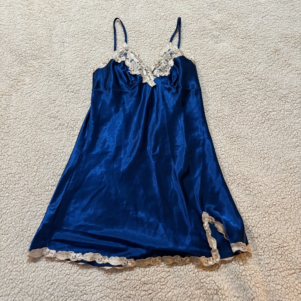 Satin Lace-Trim Chemise Nightdress - Navy Blue